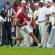 Alabama Crimson Tide wide receiver Jermaine Burton (3) carries the ball against Vanderbilt Commodores cornerback Jeremy Lucien (25) during the first half at Bryant-Denny Stadium.